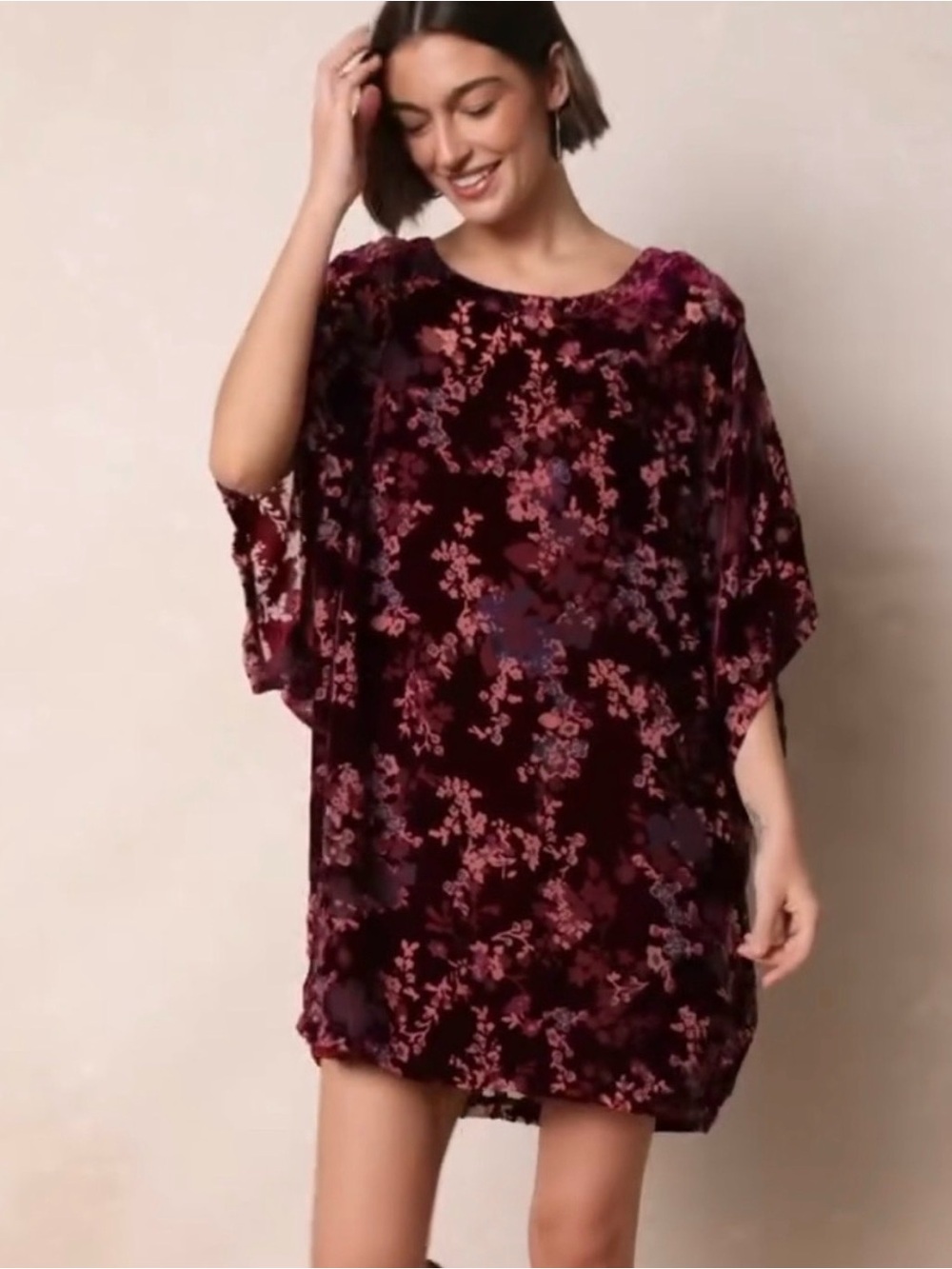 Natural Life Women's Velvet Burnout Floral Tunic Top Burgundy Boho Sz S